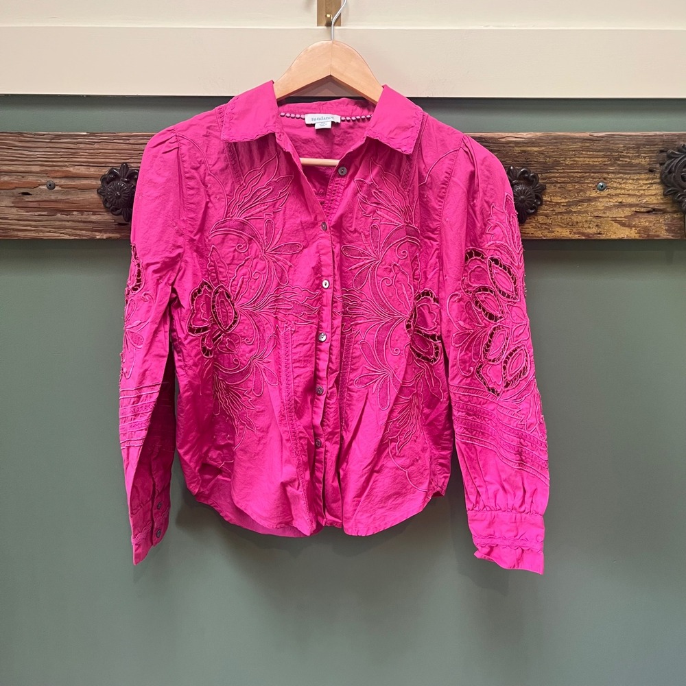 Sundance Pink Embroidered Eyelet Cotton Button Down Shirt Petite Small PS
